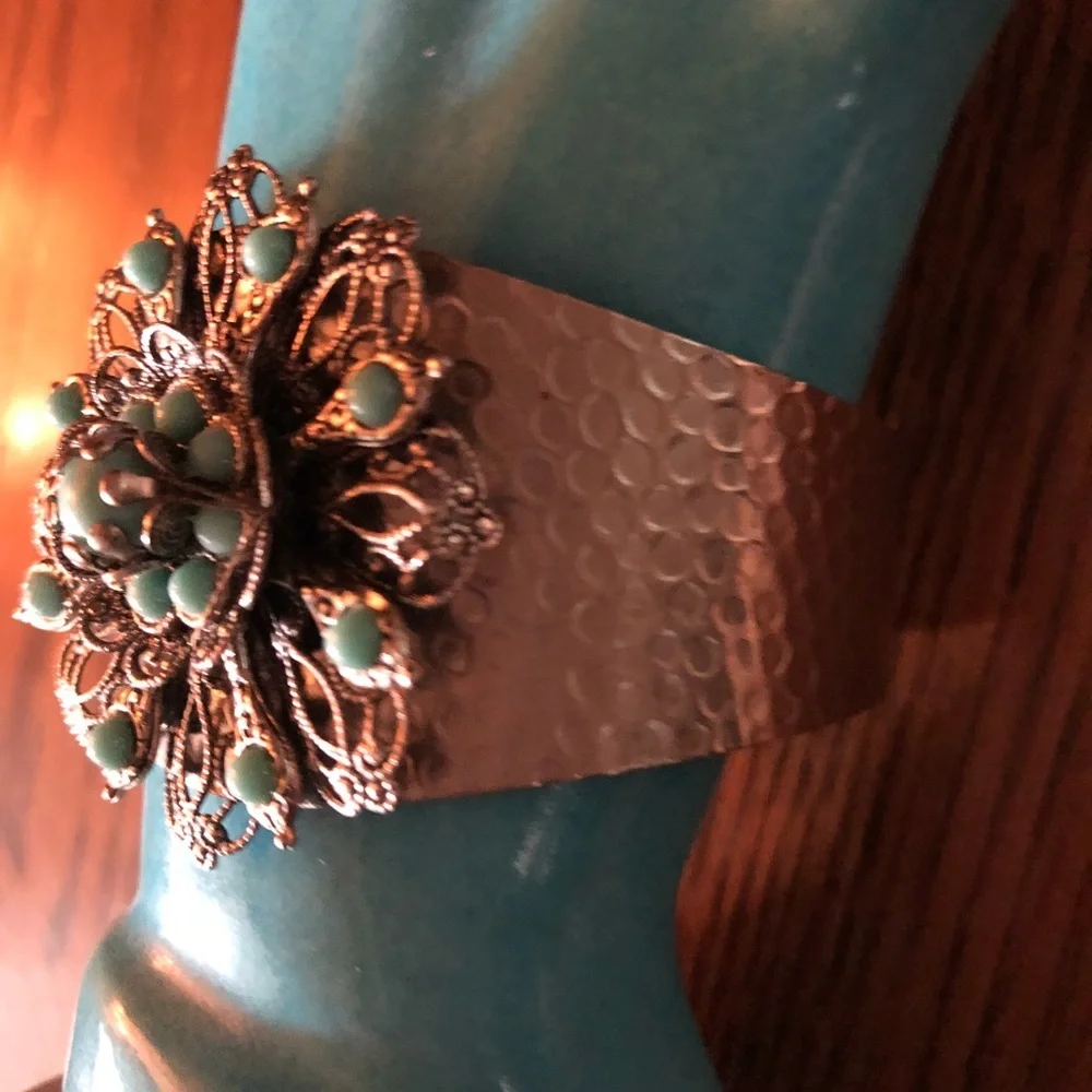 Vintage Turquoise Bead Hammered Cuff Bracelet
